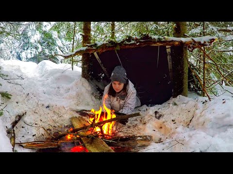 Solo Winter Bushcraft Camp During a Snow Storm