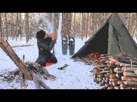 SOLO WINTER BUSHCRAFT CAMP- Post Ice Storm, Bowdrill, Canvas Tipi Shelter.