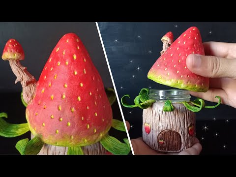 Looks Delicious!(っ˘ڡ˘ς) DIY Secret Storage using Jar and Paper Clay │ Strawberry Fairy House