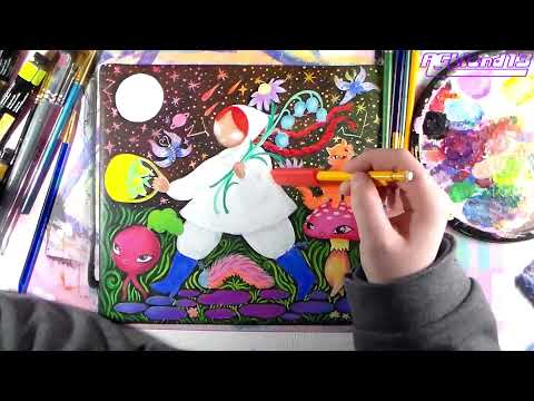 Polina Picking Pears 🍐 Neon Folk Art Painting Time Lapse