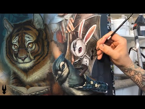 Painting a White Rabbit and a Bluejay in 'Back Outside'