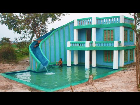 Build Modern Contemporary Mud Villa And Design Water Slide To Beautiful Underground Swimming Pool