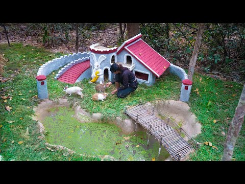 Build The Most Beautiful Rabbit Villa with Mini Pool Near My Underground House, off grid Life