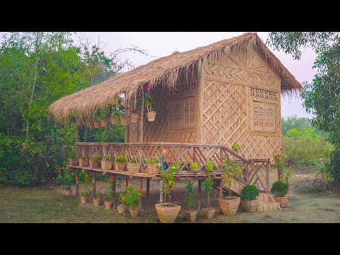 Girl Living Off The Grid, 17days Build My Own Real Bamboo Villa in Backyard